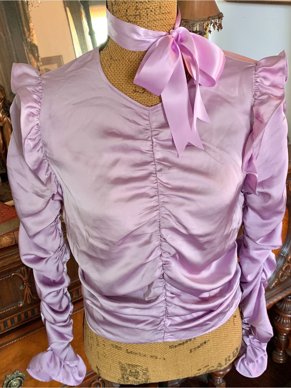 Pre-loved Lilac Satin Ruched Ruffle Sleeve Victorian-insired Blouse Top - Picture 2 of 8